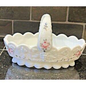 Vintage Westmoreland Milk Glass Split Handle Basket Candy Dish Hand Painted